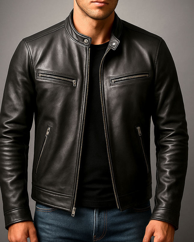 Men's Leather Jacket – Stand Collar Zip-Up Classic Fit