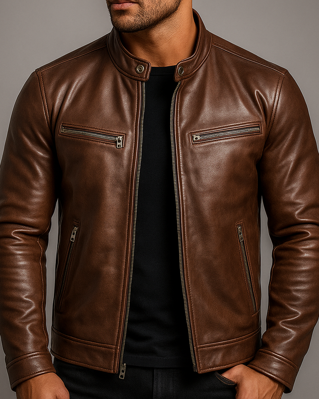 Men's Leather Jacket – Stand Collar Zip-Up Classic Fit