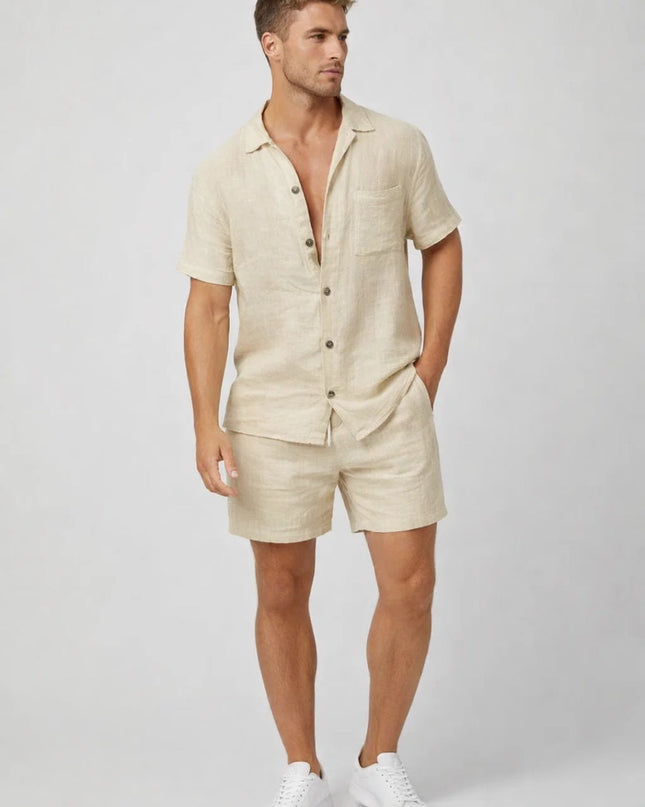 Men's Linen Look Co-Ord Set – Button Shirt & Summer Shorts
