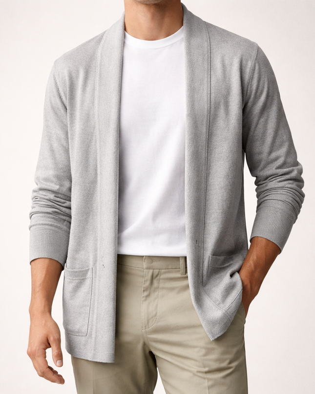 Men's Open Front Cardigan – Shawl Collar Fine Knit Layer