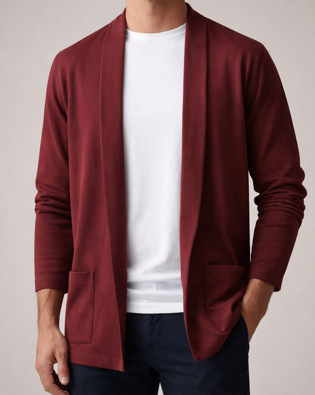 Men's Open Front Cardigan – Shawl Collar Fine Knit Layer