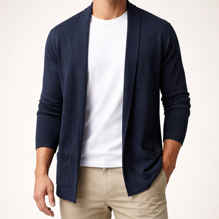 Men's Open Front Cardigan – Shawl Collar Fine Knit Layer