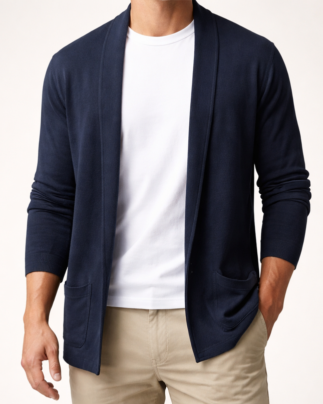 Men's Open Front Cardigan – Shawl Collar Fine Knit Layer