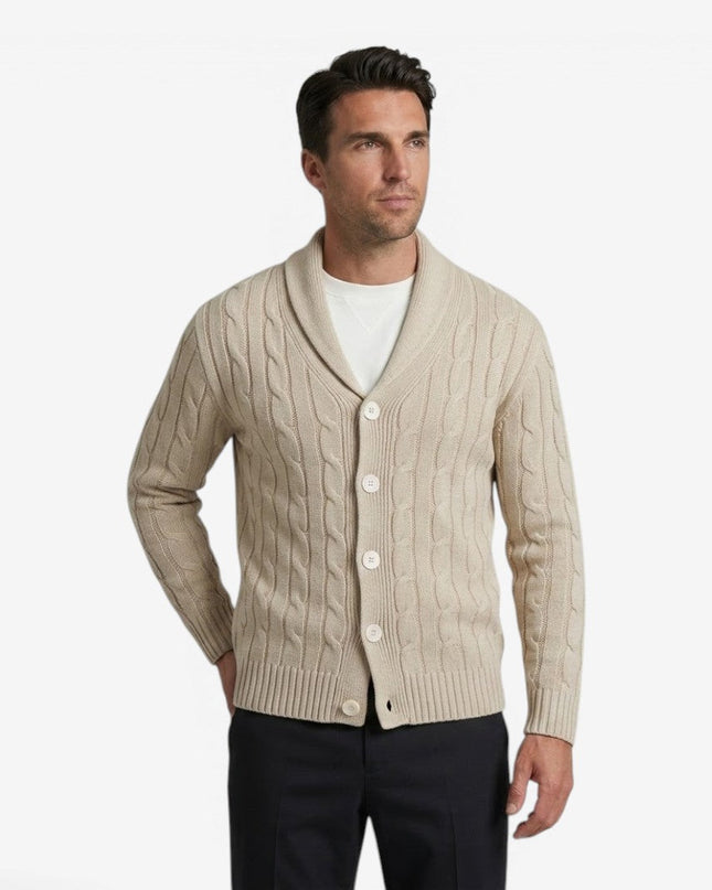 Men's Shawl Collar Cardigan in Regular Fit – Cable Knit Button Front