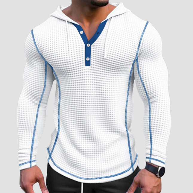 Men's Waffle Knit Hoodie with Button Neck Detail
