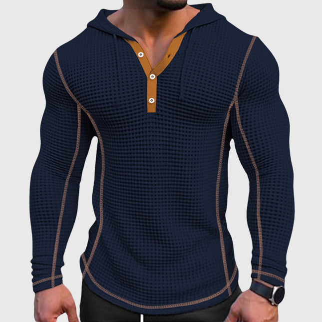 Men's Waffle Knit Hoodie with Button Neck Detail
