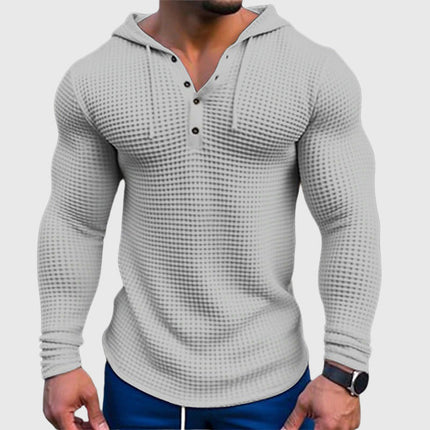 Men's Waffle Knit Hoodie with Button Neck Detail