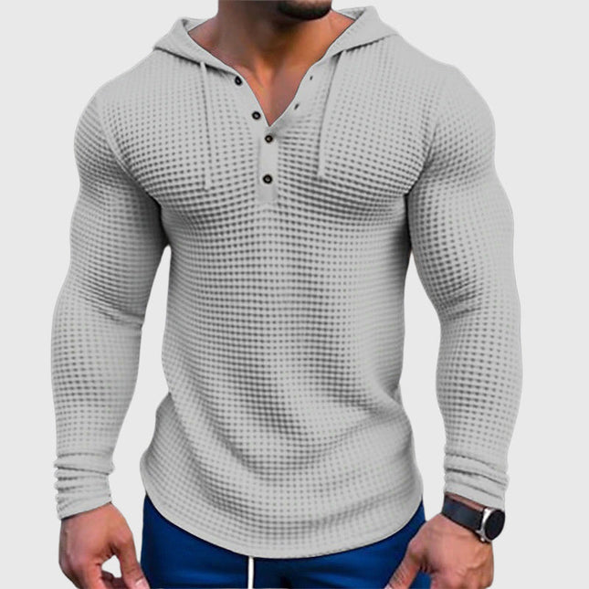 Men's Waffle Knit Hoodie with Button Neck Detail
