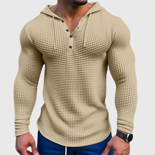 Men's Waffle Knit Hoodie with Button Neck Detail
