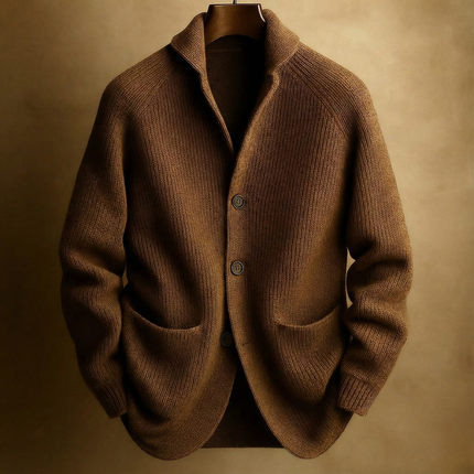 Men's Wool Cardigan in Regular Cut – Ribbed Shawl-Collar Knit