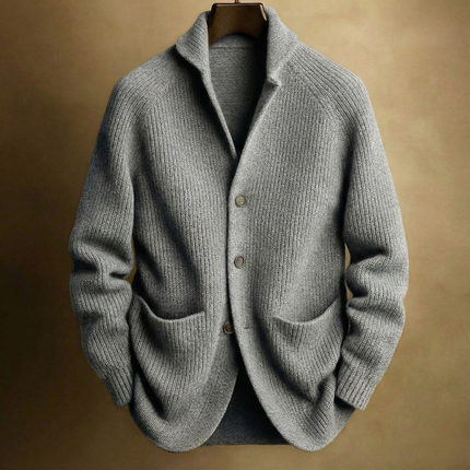 Men's Wool Cardigan in Regular Cut – Ribbed Shawl-Collar Knit