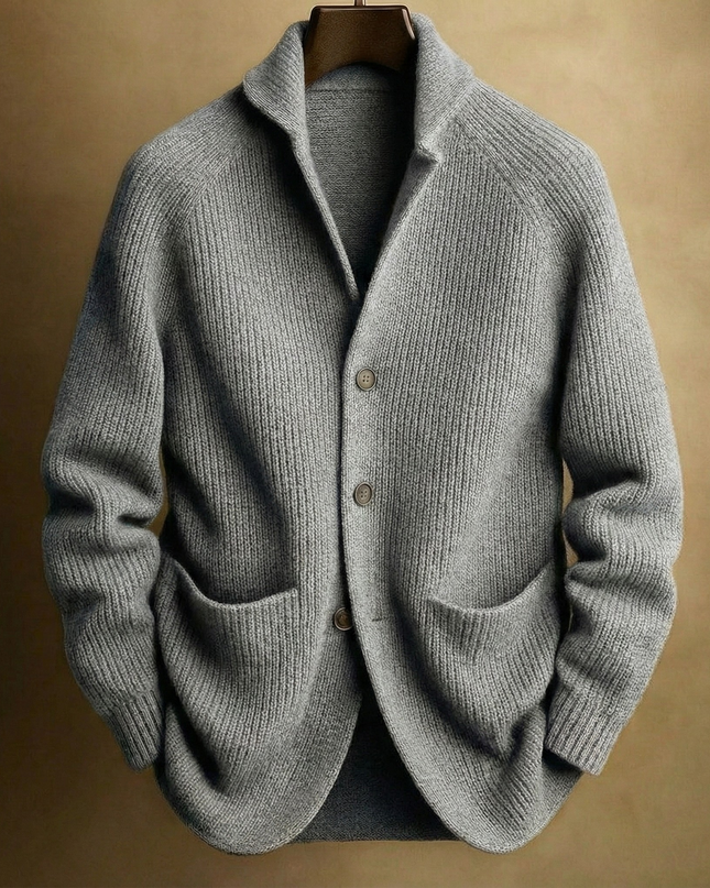 Men's Wool Cardigan in Regular Cut – Ribbed Shawl-Collar Knit