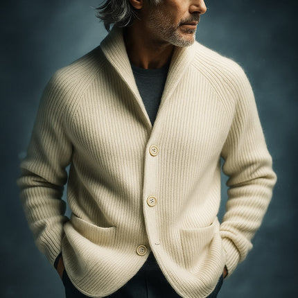 Men's Wool Cardigan in Regular Cut – Ribbed Shawl-Collar Knit