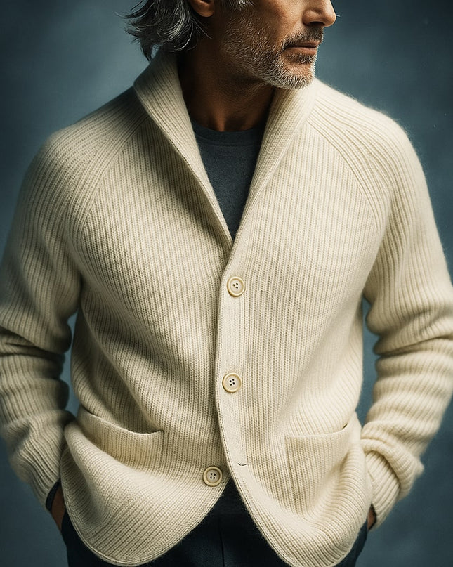 Men's Wool Cardigan in Regular Cut – Ribbed Shawl-Collar Knit