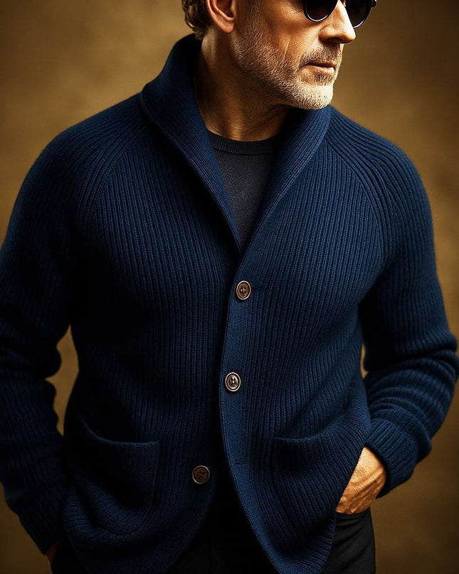 Men's Wool Cardigan in Regular Cut – Ribbed Shawl-Collar Knit