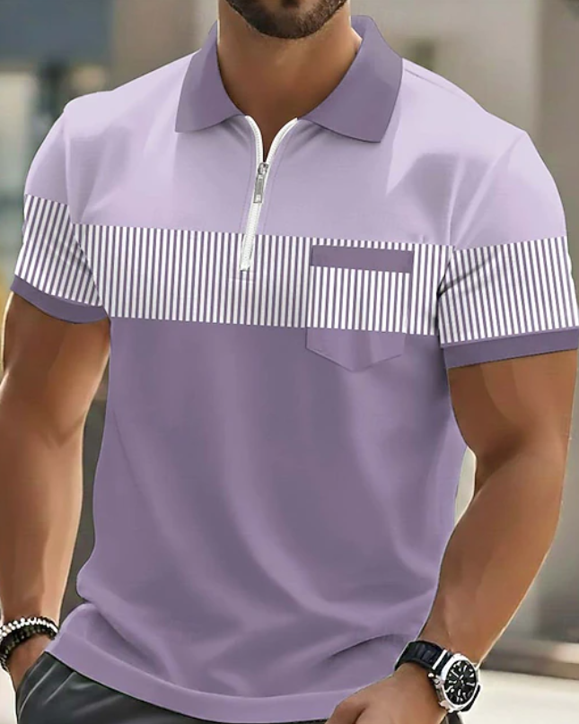 Men's Zip Neck Polo Shirt – Contrast Stripe Smart Casual Fit