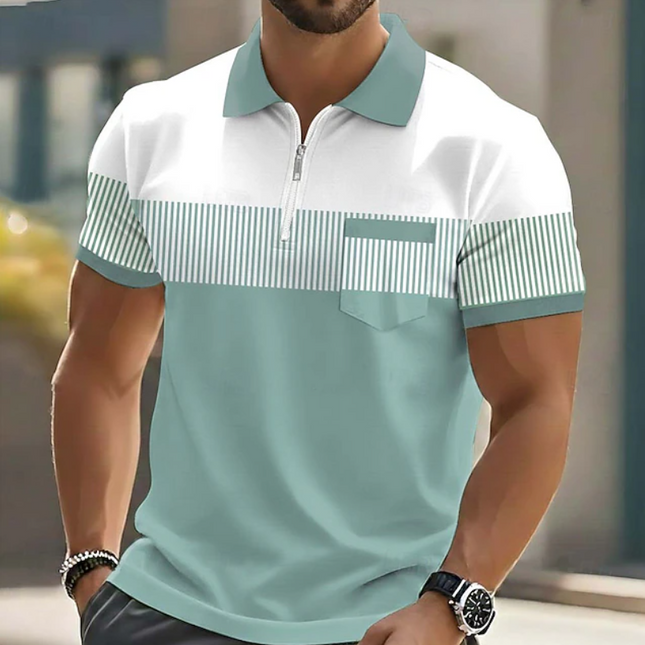 Men's Zip Neck Polo Shirt – Contrast Stripe Smart Casual Fit