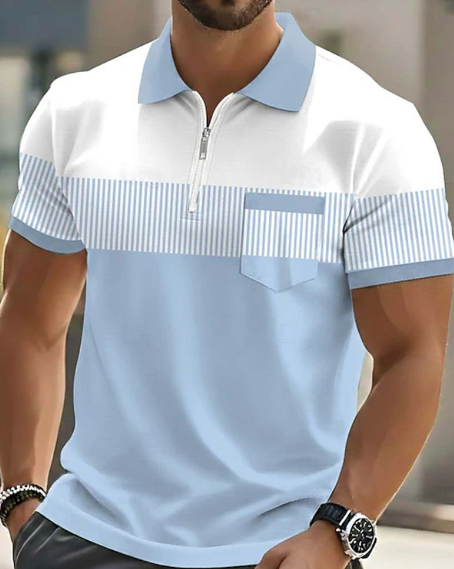 Men's Zip Neck Polo Shirt – Contrast Stripe Smart Casual Fit