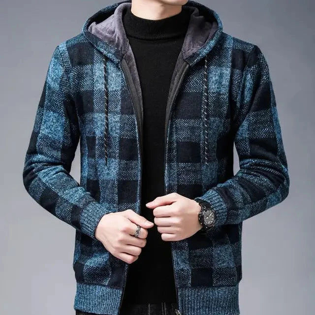 Men's Zip-Up Hoodie | Checked Knit Casual Style