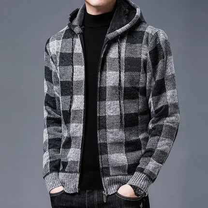 Men's Zip-Up Hoodie | Checked Knit Casual Style
