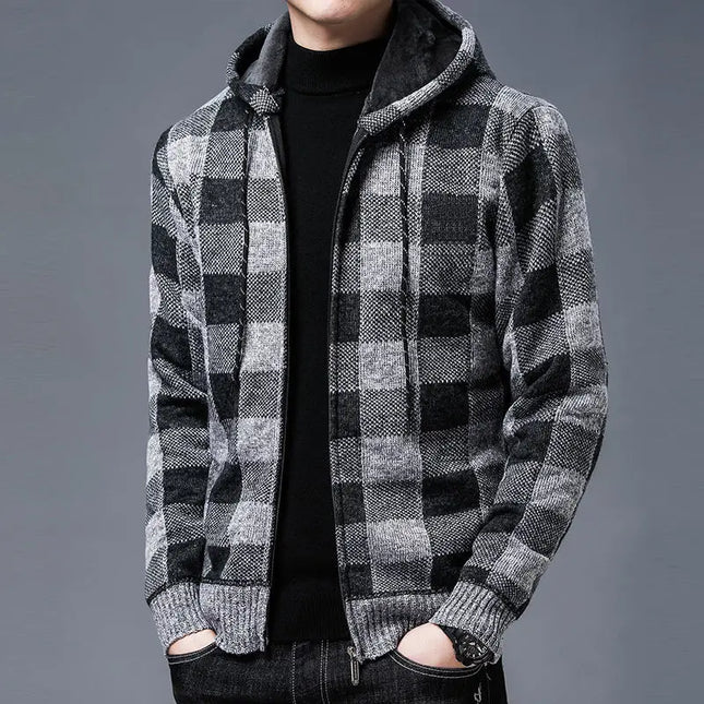 Men's Zip-Up Hoodie | Checked Knit Casual Style