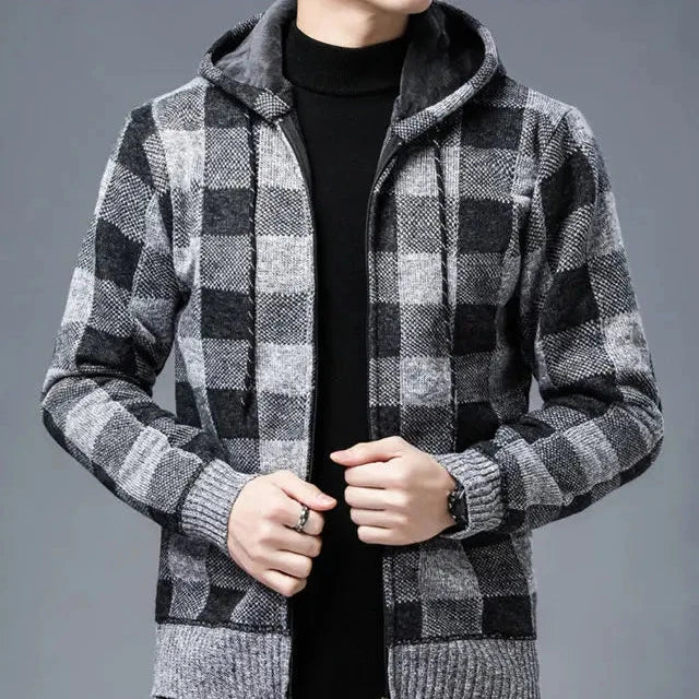 Men's Zip-Up Hoodie | Checked Knit Casual Style