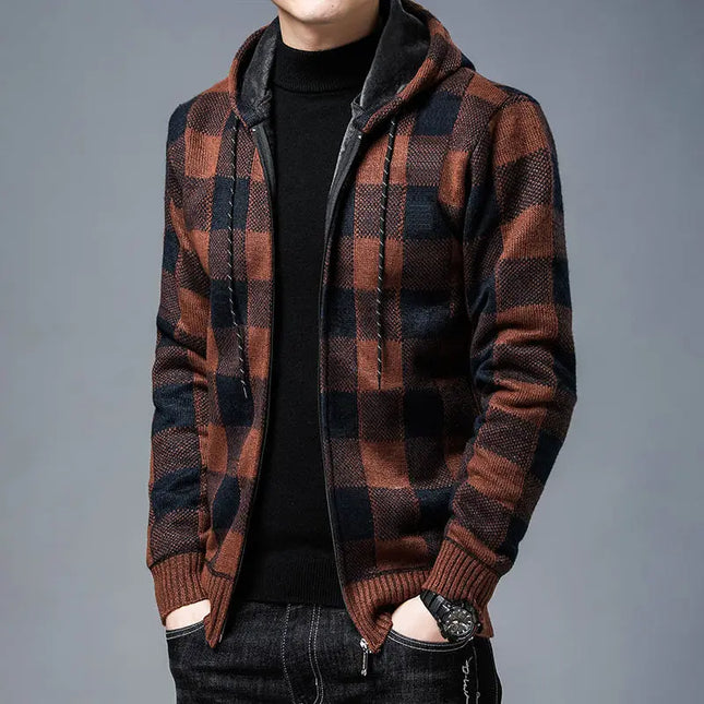 Men's Zip-Up Hoodie | Checked Knit Casual Style