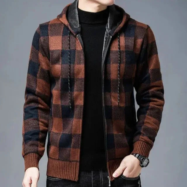 Men's Zip-Up Hoodie | Checked Knit Casual Style