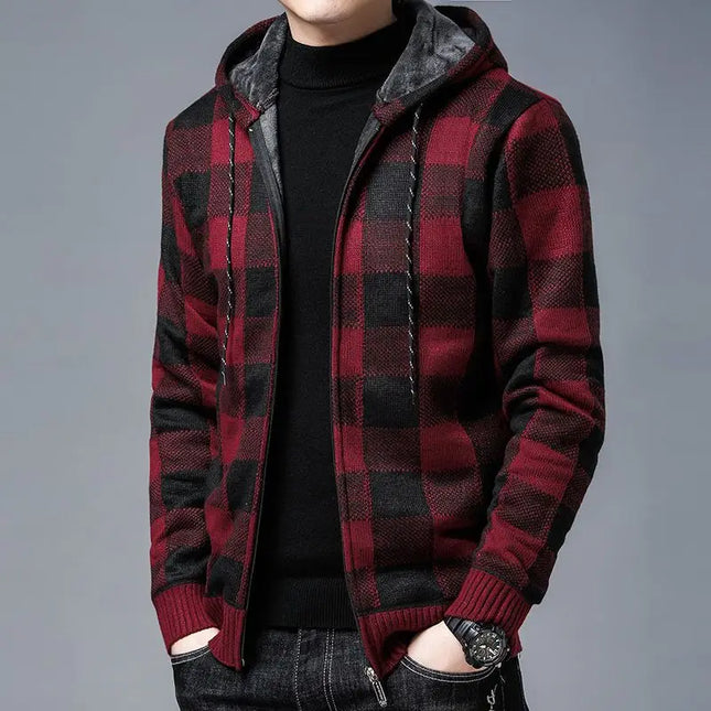 Men's Zip-Up Hoodie | Checked Knit Casual Style