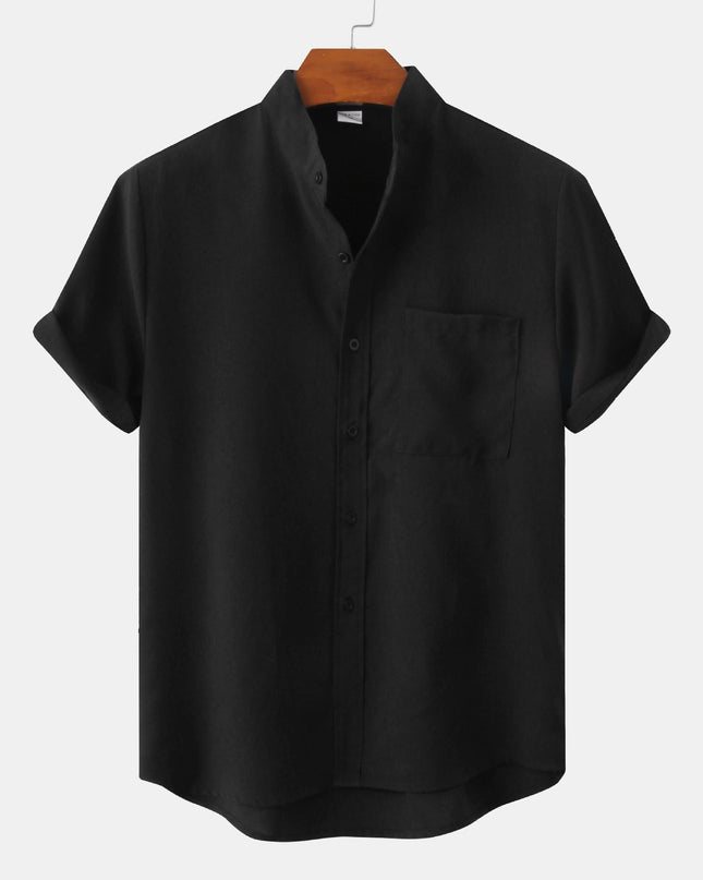 Tristan | Linen-Blend Short Sleeve Band Collar Shirt
