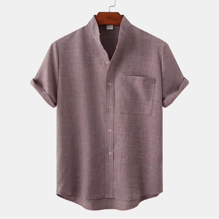 Tristan | Linen-Blend Short Sleeve Band Collar Shirt