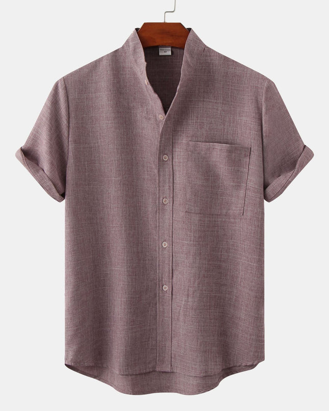 Tristan | Linen-Blend Short Sleeve Band Collar Shirt
