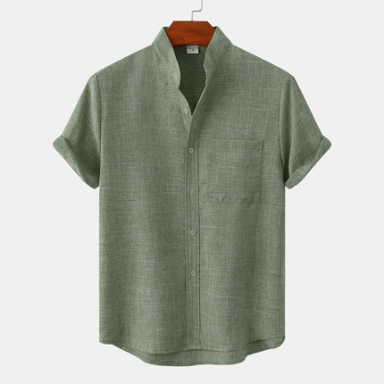 Tristan | Linen-Blend Short Sleeve Band Collar Shirt