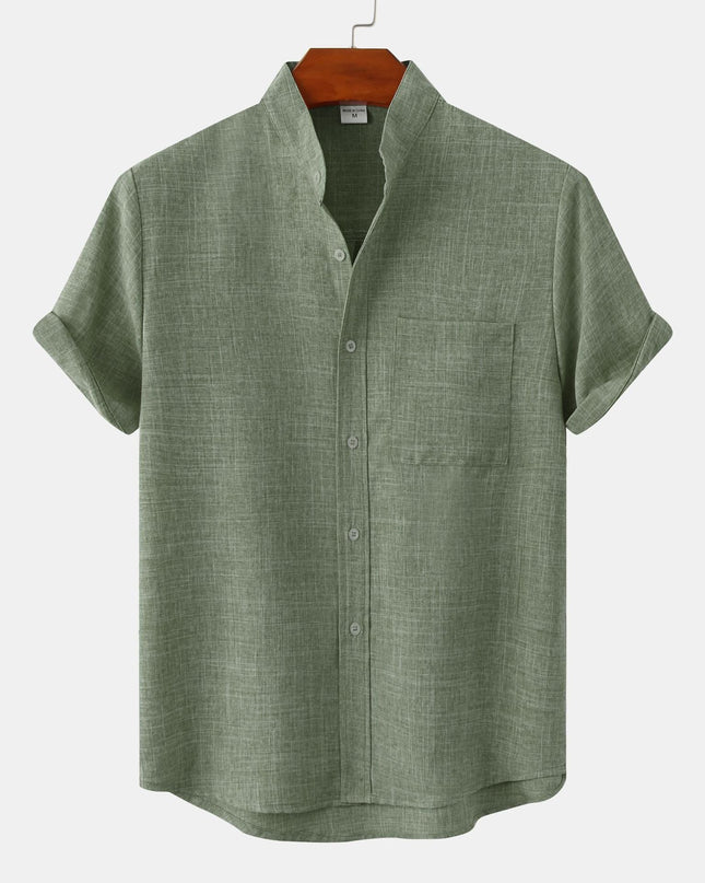 Tristan | Linen-Blend Short Sleeve Band Collar Shirt