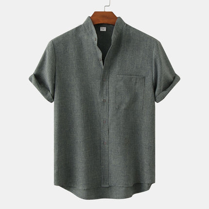 Tristan | Linen-Blend Short Sleeve Band Collar Shirt