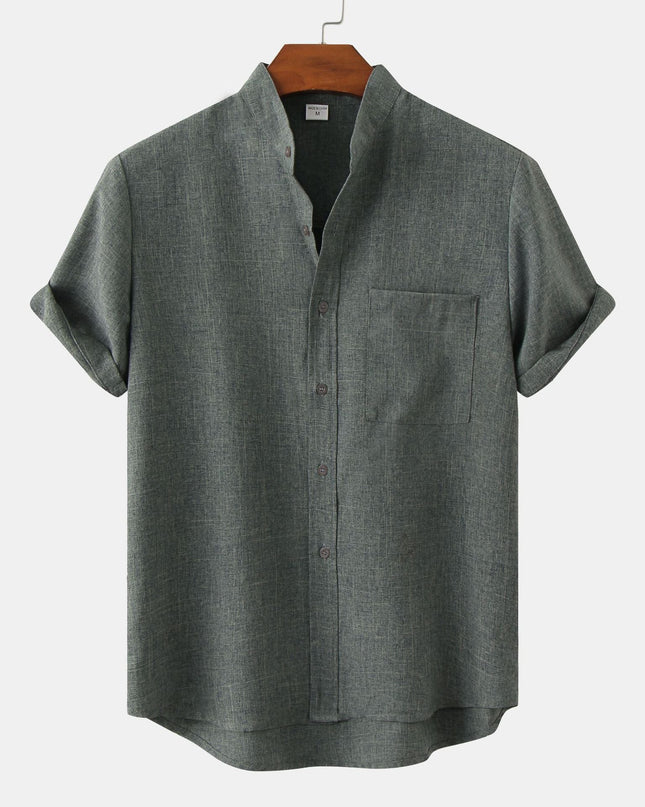 Tristan | Linen-Blend Short Sleeve Band Collar Shirt
